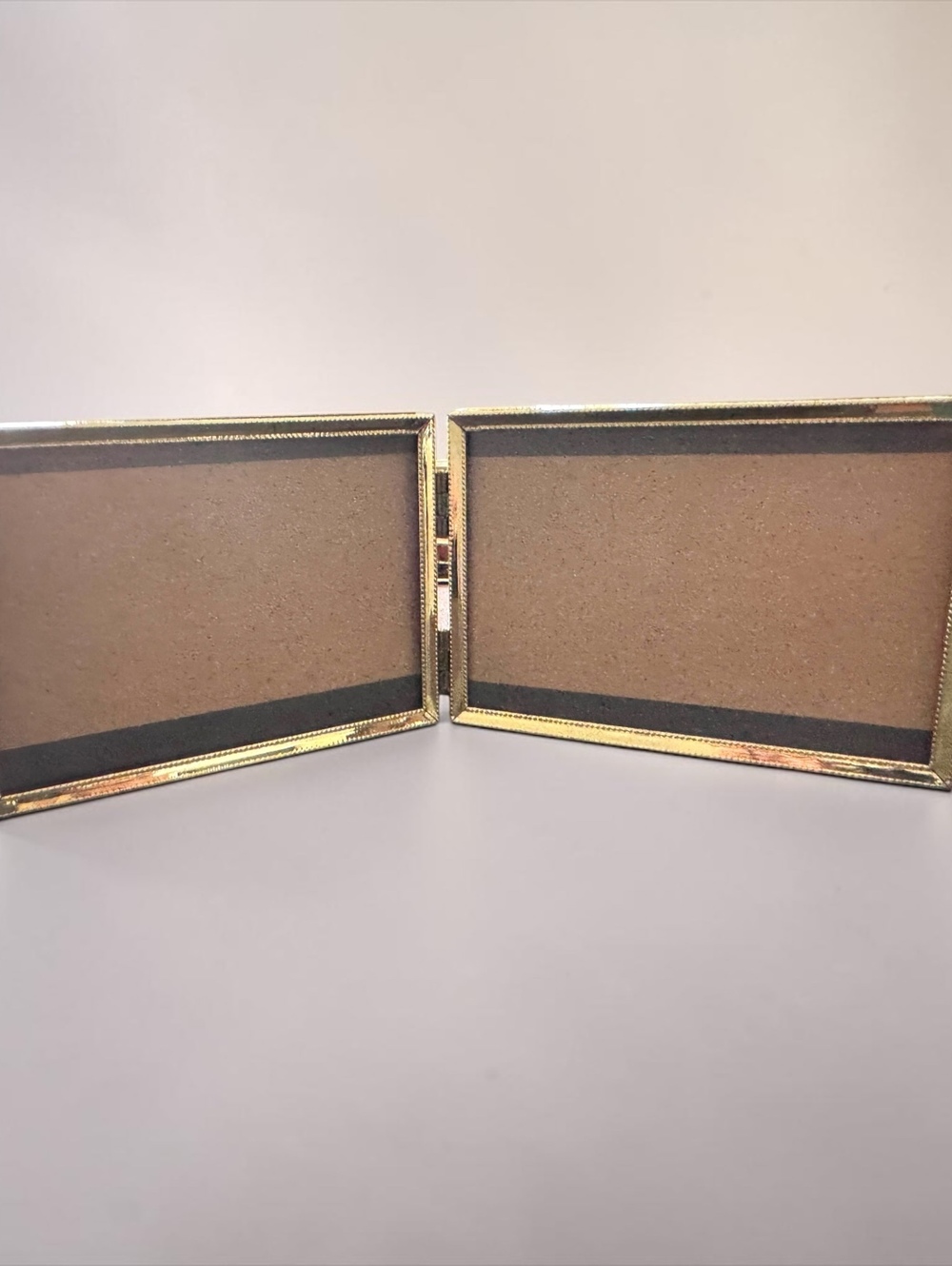 Vintage Hinged Double Picture Frame Gold Tone Ornate Folding Tabletop 3x5 Photos